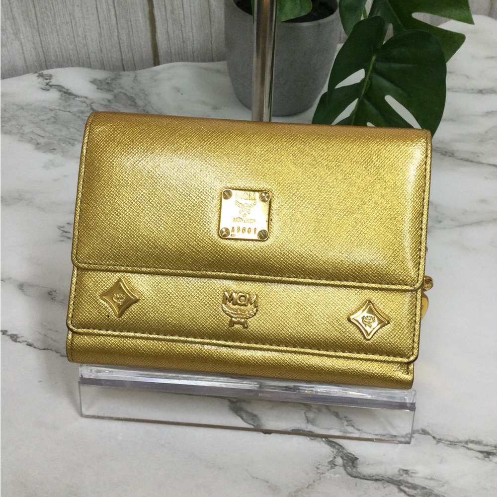 GUC MCM Vintage Gold Metallic Tri-fold Leather Wallet